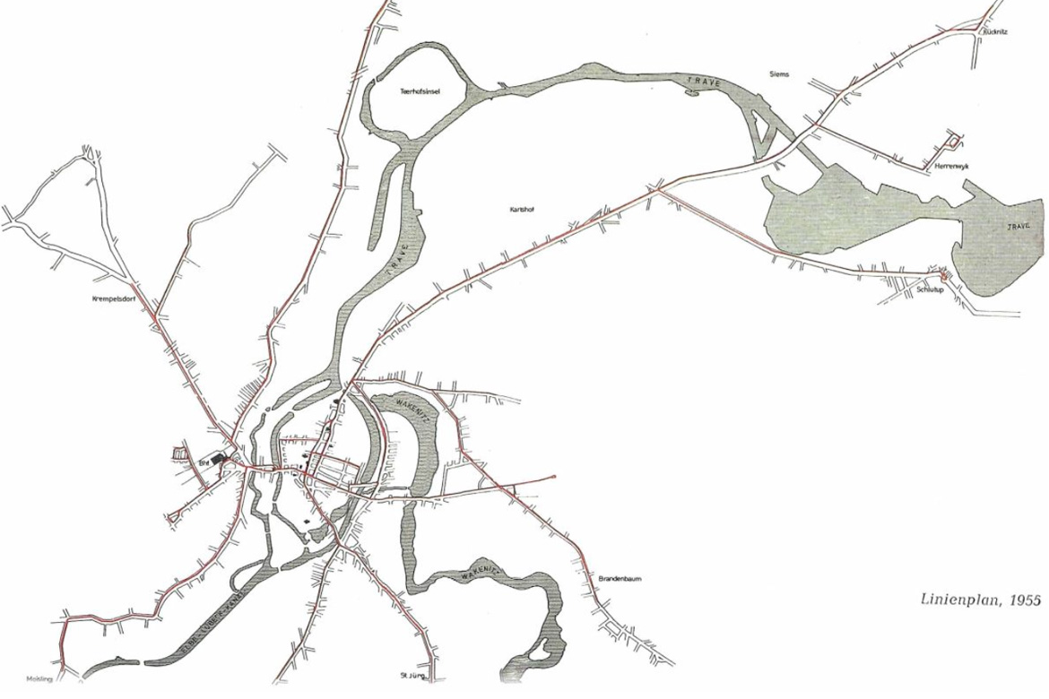 So sah das zentrale Lübecker Straßenbahnnetz (rote Linien) in den 1950er Jahren aus. (Quelle: Stadtarchiv Lübeck)