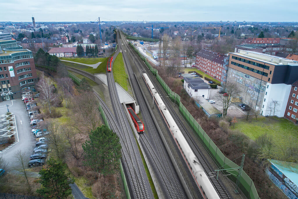Visualisierung: So soll die neue S4 in Hasselbrook aus dem Hamburger S-Bahnnetz ausfädeln und entlang der Fernbahngleise Richtung Ahrensburg führen