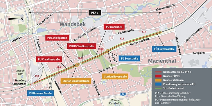 Karte: Diese Maßnahmen sind im ersten Planfeststellungsabschnitt zwischen Hasselbrook und Wandsbek geplant