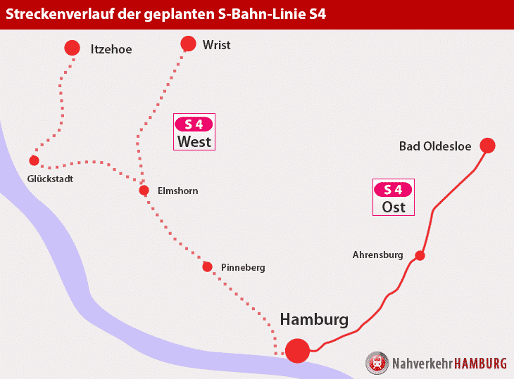 Streckenverlauf der geplanten S-Bahn-Linie S4 Ost