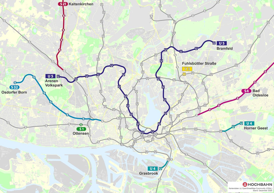 Karte der gesamten geplanten U5 in Hamburg.