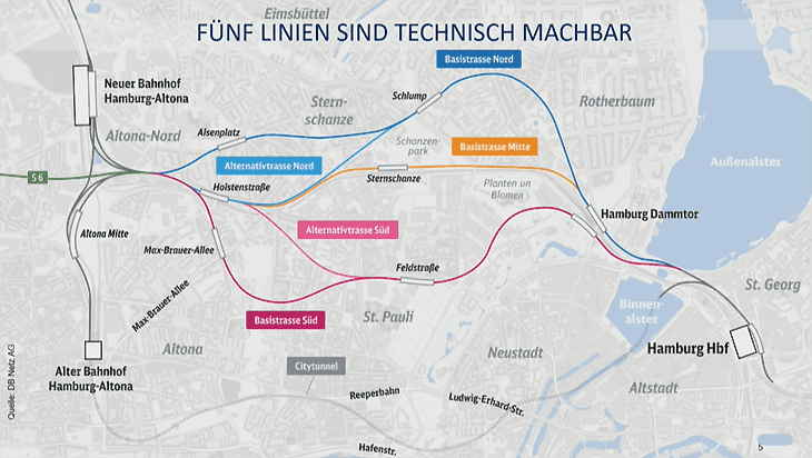 Diese fünf Trassenvarianten für den Verbindungsbahnentlastungstunnel wurden in der Machbarkeitsstudie herausgearbeitet und nun weiter gefiltert.