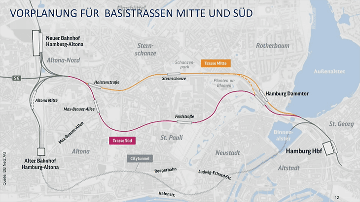 Diese beiden Trassen für den Verbindungsbahnentlastungstunnel sind derzeit noch im Rennen.