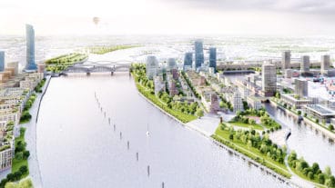 Visualisierung: So könnte der neue Stadtteil auf dem Grasbrook aussehen. Die U4 endet künftig links der Elbbrücken im Hintergrund