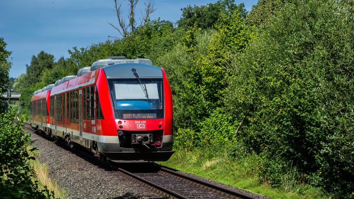 Ein Lint-Triebwagen fährt auf der Bäderbahn (Vogelfluglinie) in Schleswig-Holstein durch die Natur von Scharbeutz.